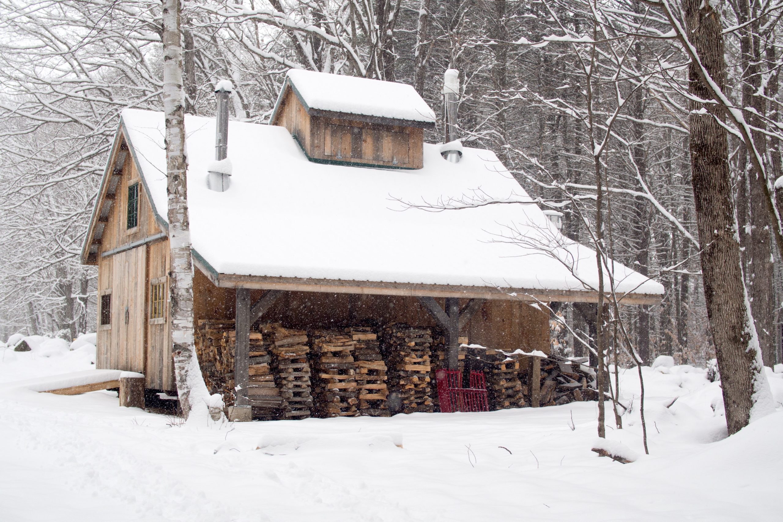 Outside of maple sugar shack in winter