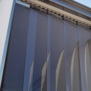 Close-up of strip curtains installed on enterance to walk-in cooler