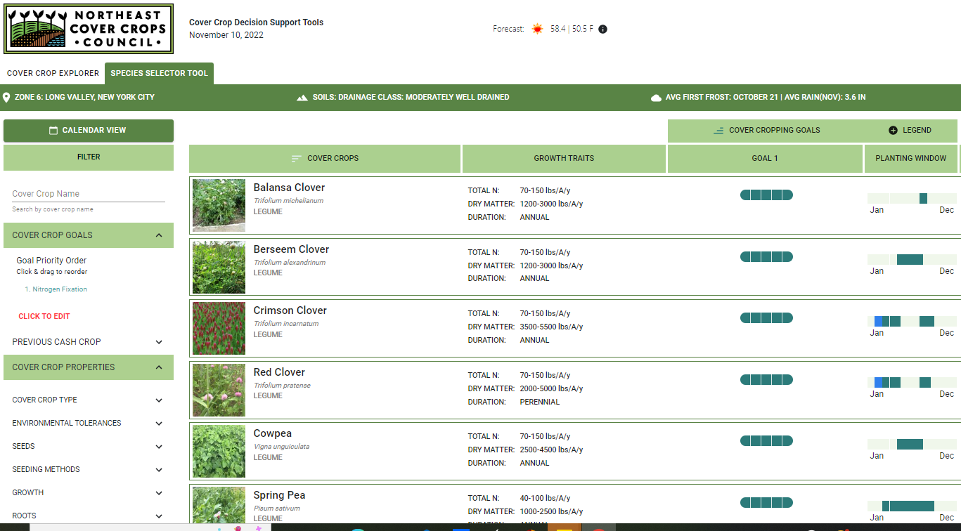 Screenshot of www.CoverCrops.Tools webpage showing nitrogen-fixing cover crops.